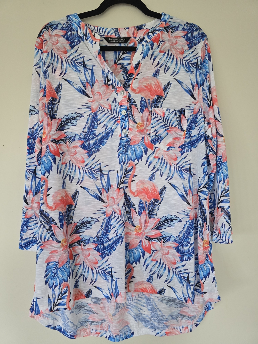 Tango Mango Coral & Blue Floral Henley Tunic Top Size XXL TROPICAL SUMMER